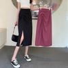 2025 Plus Size High Waist Black Pleated Skirt for Women - Slimming Mid-Length A-Line with Slit