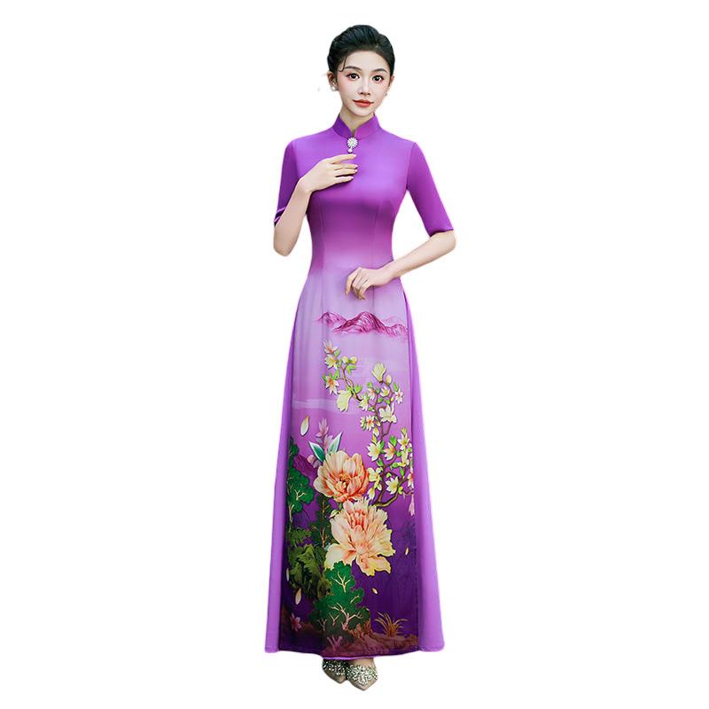 1011 new Vietnamese Aodai catwalk cheongsam high-end atmospheric improved version of Chinese style stage performance dress purple