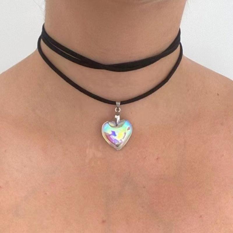 Modische Kristall-Herz-Anhänger-Halskette für Damen Heiße Mädchen Schwarze Lederseil-Choker-Halsketten Süßer Cooler Y2k Schmuck