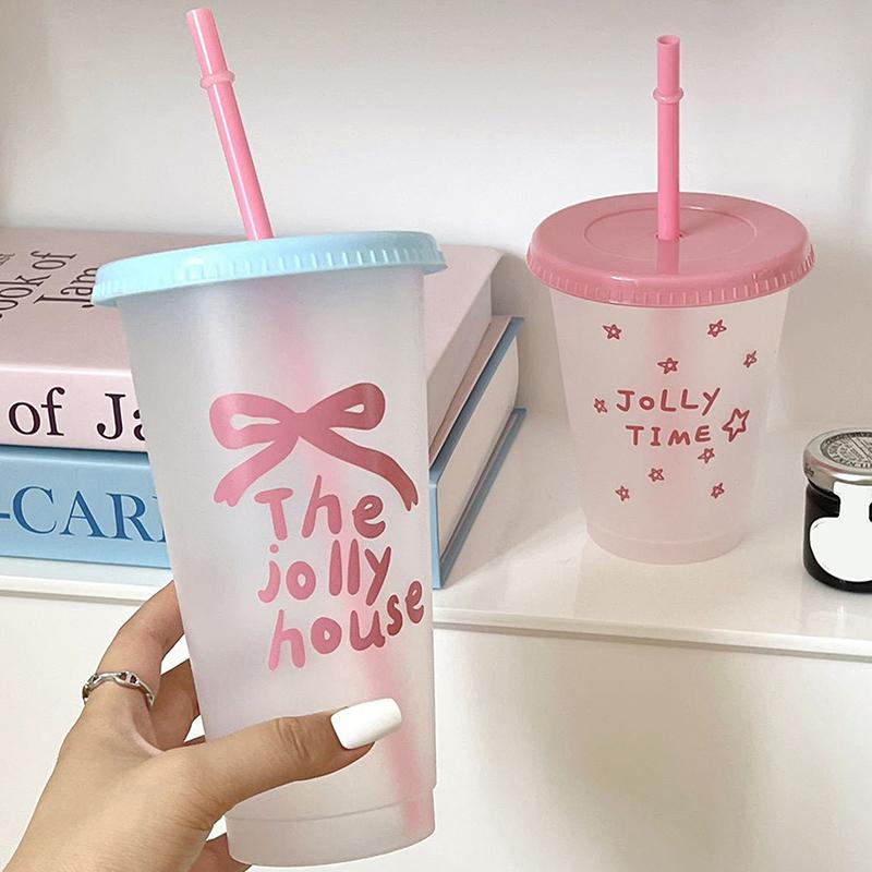 1Pc Ins Portable Reusable Drinking Bottle Kawaii Water Bottle For Coffee Juice Milk Tea Cute Plastic Cold Cups With Straw Lid