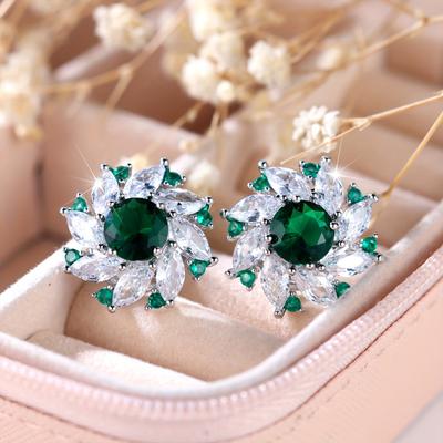 Luxuriöse Stilvolle Grün Weiße Zirkonia Blume Ohrstecker für Frauen Vintage Exquisit Verlobung Hochzeit Zirkon Geschenk