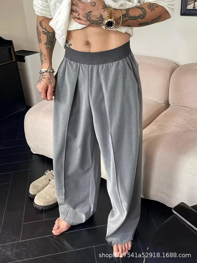 Color-Block Elastic Waist Wide-Leg Pleat Trousers for Men
