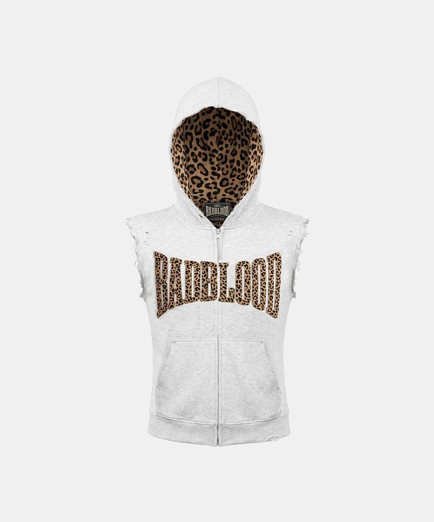 Badblood Curved Logo Sleeveless Zip-Up Hoodie - Leopard Melange