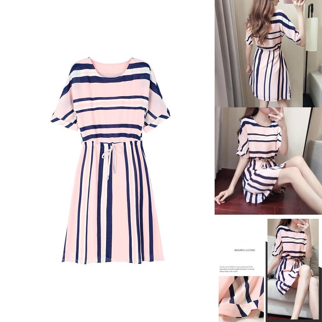 Elegant And Timeless Women Fashion Short Sleeve Casual Dress With Classic Stripes