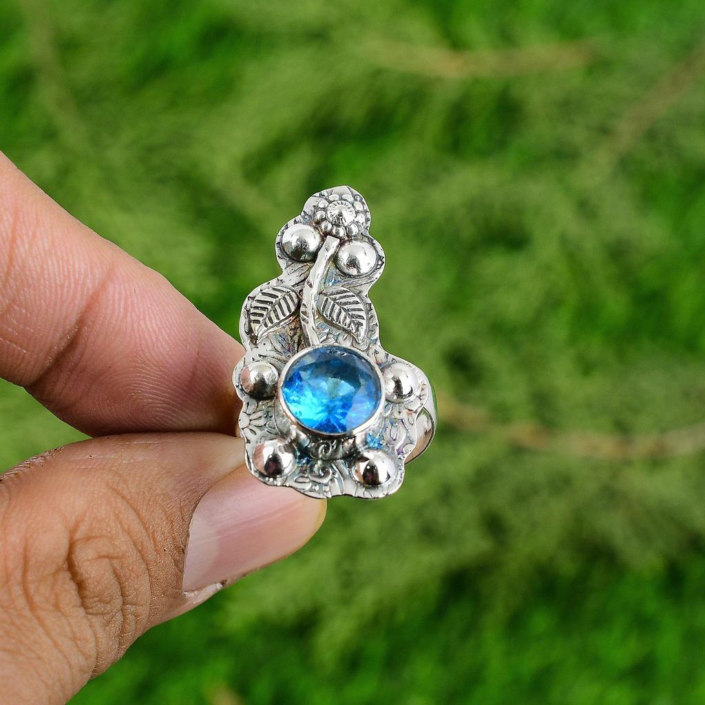 Natural Swiss Blue Topaz Sterling Silver Flower Bezel Statement Multi Stone Ring