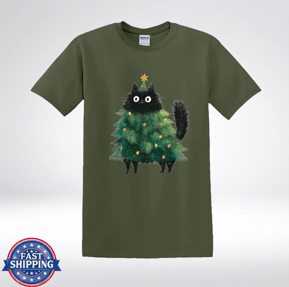 

Black Cat Christmas Tree Costume Cute Holiday Kitty Graphic T-Shirt 2XL
