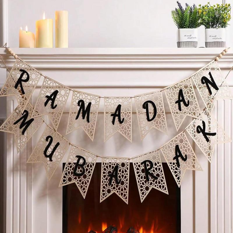 1pcs Eid Mubarak Hollow Wooden Banner Hanging Ornaments Islamic Muslim For Home Ramadan Decoration Festival Party Supplies