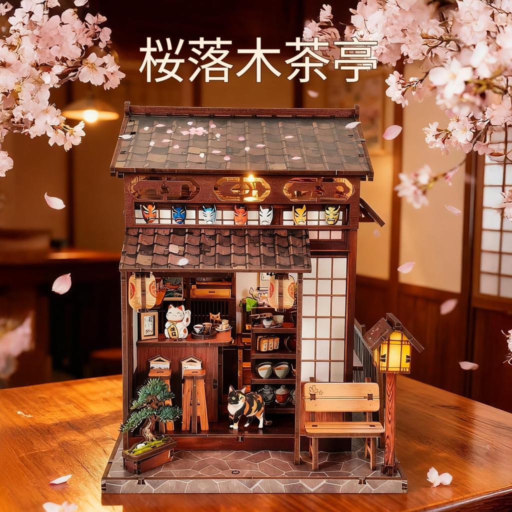 Pixie Curio Book Nook Kit 3D Wooden Puzzle Cherry Blossom Tea House Dollhouse Kit Miniature Style Cherry Blossom with Lucky Cat Figurine and LED Light