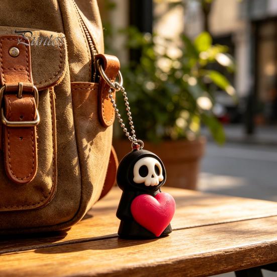Backpack Accessory Holding Heart Grim Reaper Keychain Charm, 3D Printed Gothic Skull Decor with Ornament Ball Chain, Backpacks Bags Purse Hanging