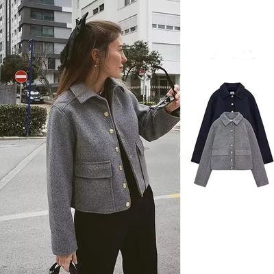 Women's Europe and United Solid Short Tweed Jacket Collared Single Button Up Soft Comfortable Jacket with Pockets Metal Button Fashion Casual Jacket