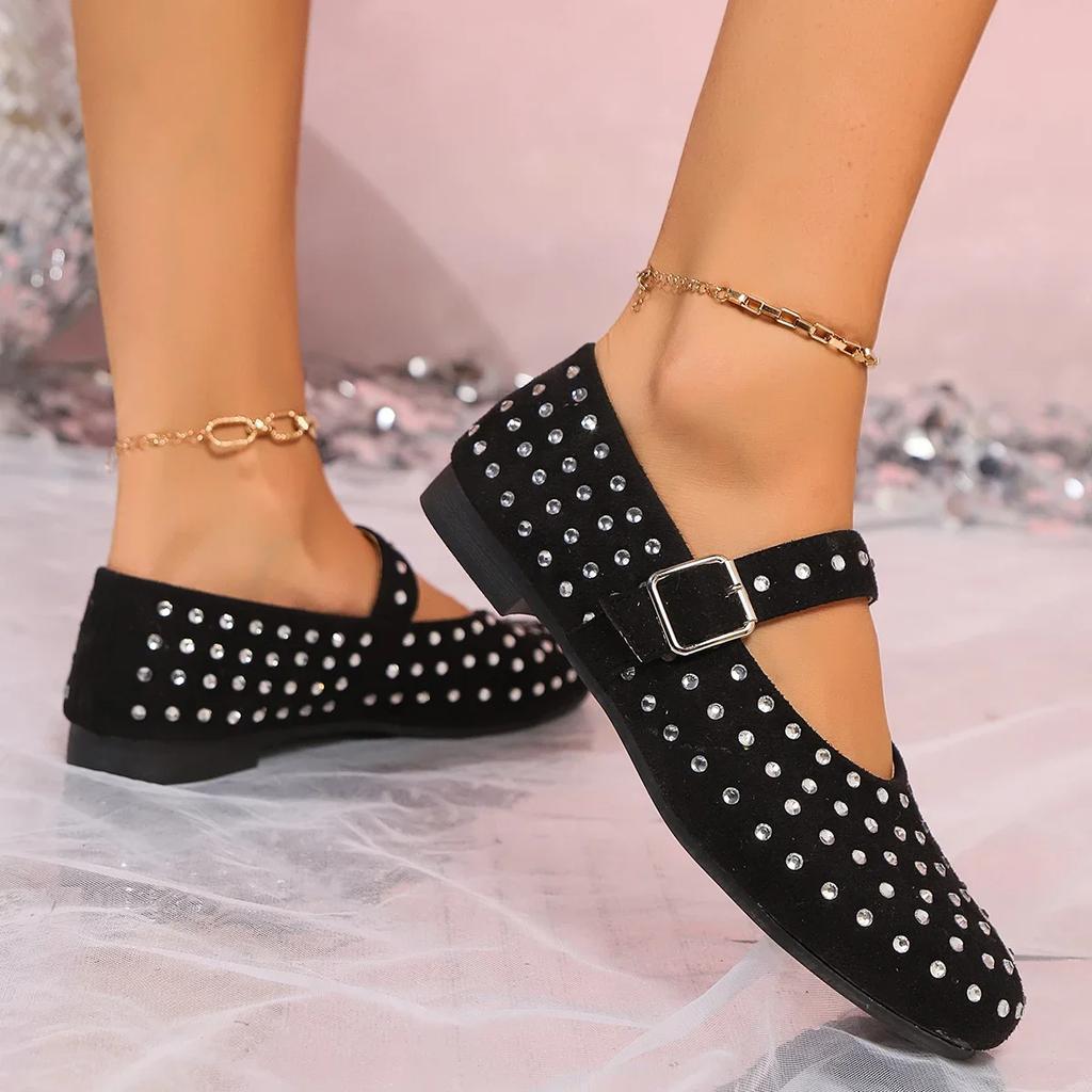Fashion Women Flats European American  Fashionable Diamond Studded Mary Jane Shoes Women Casual Flat Bottomed Round Toe Sneakers Women