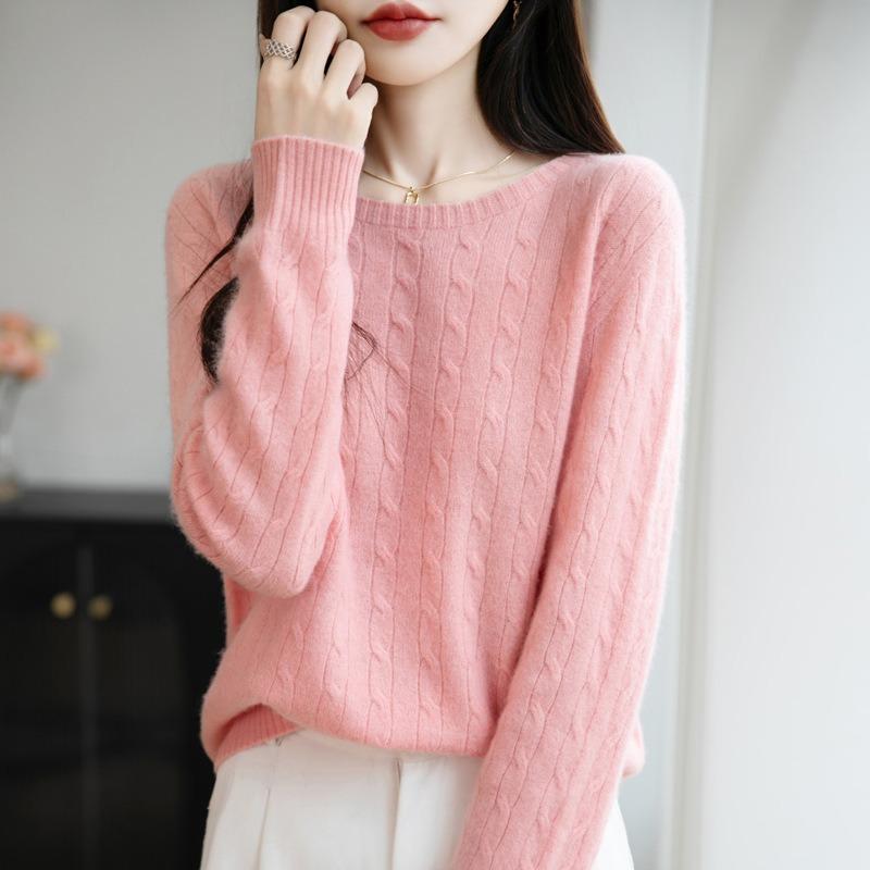 Casual Simple Women Fashion Sweater Round Neck Cable Knit Pullover Tops Loose Long Sleeve Pullover Base Layer Autumn Winter Comfortable Warm Knit Top