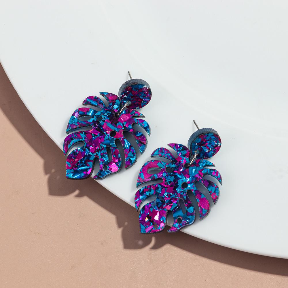 Sequins Acrylic Colorful Monstera Leaf Drop Earrings for Women Exaggerated Tropical Leaves Plant Earrings Fashion Jewelry Gifts