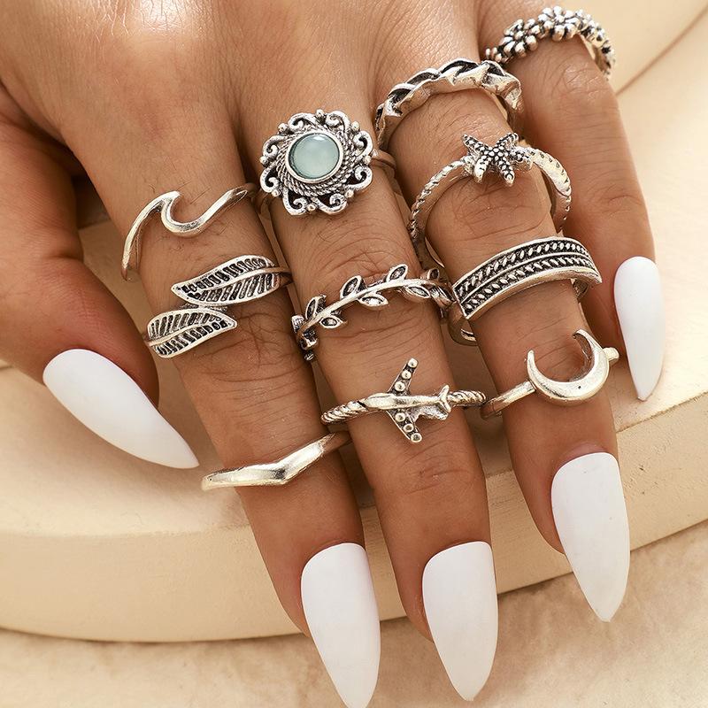 Fashion Women Bohemian Carved Unique Knuckle Rings Set 11 In 1