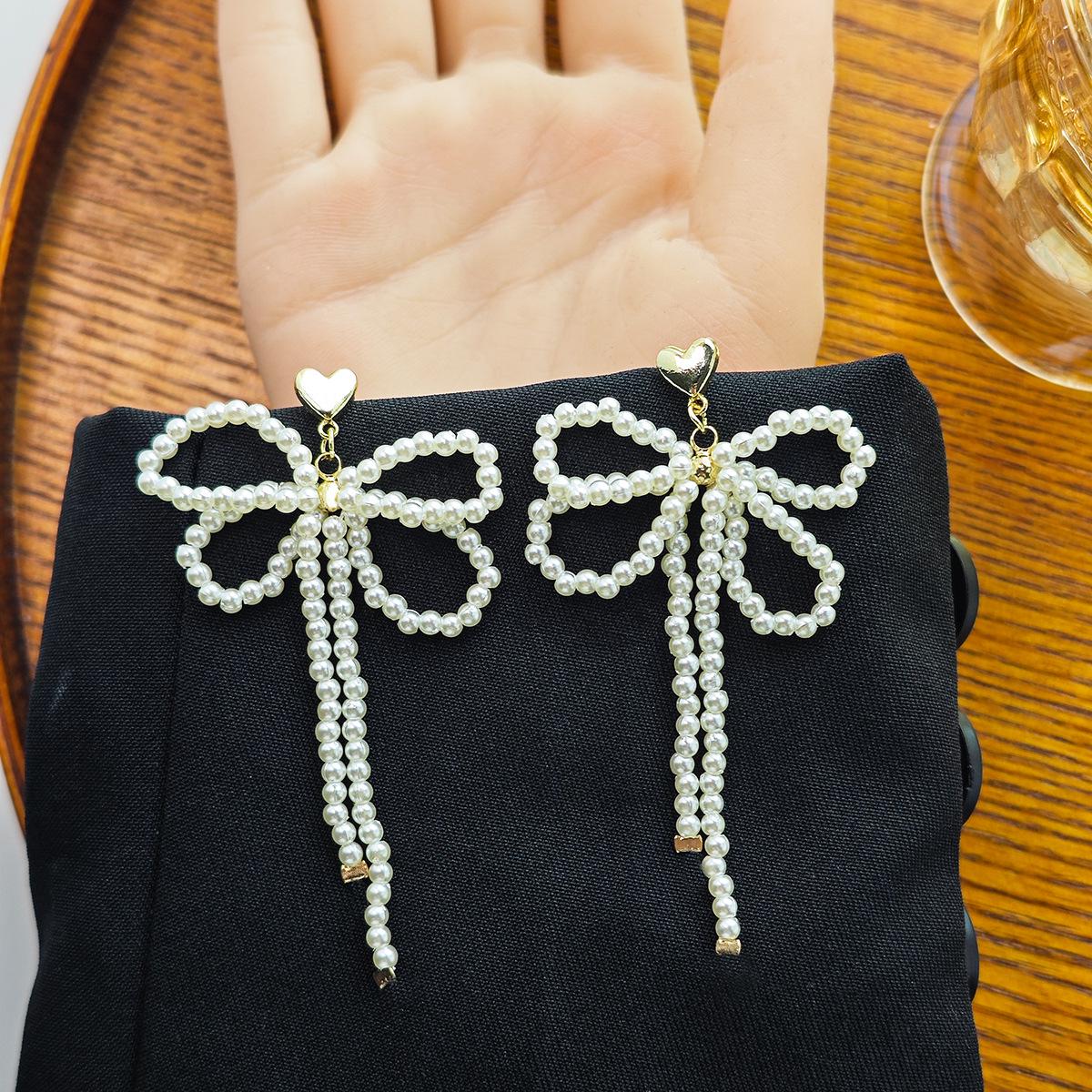 Серебряные игольчатые длинные жемчужные серьги-кисточки - Милый милый сказочный дизайн с бантом