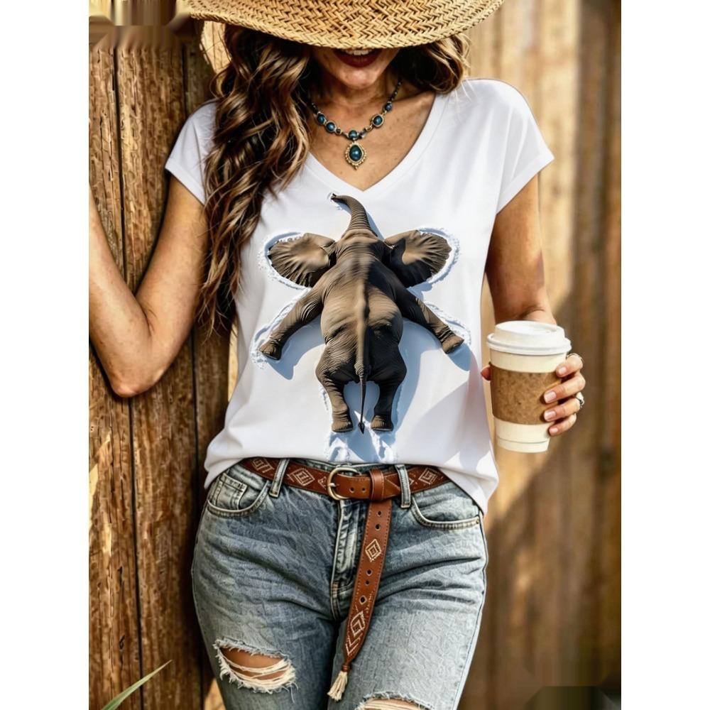Sommer Buntes Tier 3D Muster Kurzarm T-Shirt Modisches Bequemes Oversized Atmungsaktives Damen V-Ausschnitt T-Shirt