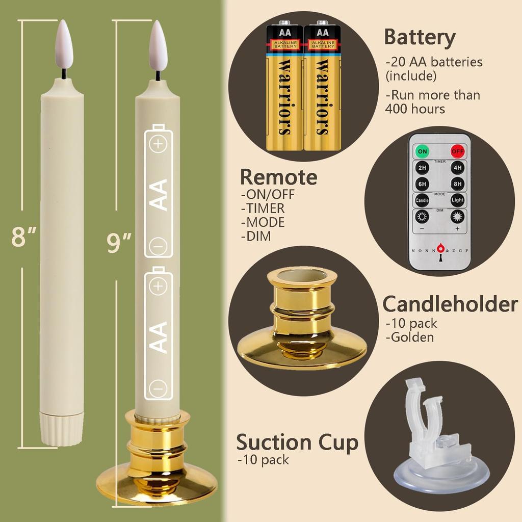 10 Pack Window Candles +20 AA Batteries(Include,Run More Than 400 Hours) + Candleholders + Suction Cups+ 2 Remote. 8'' Tall. IVORY LED Battery