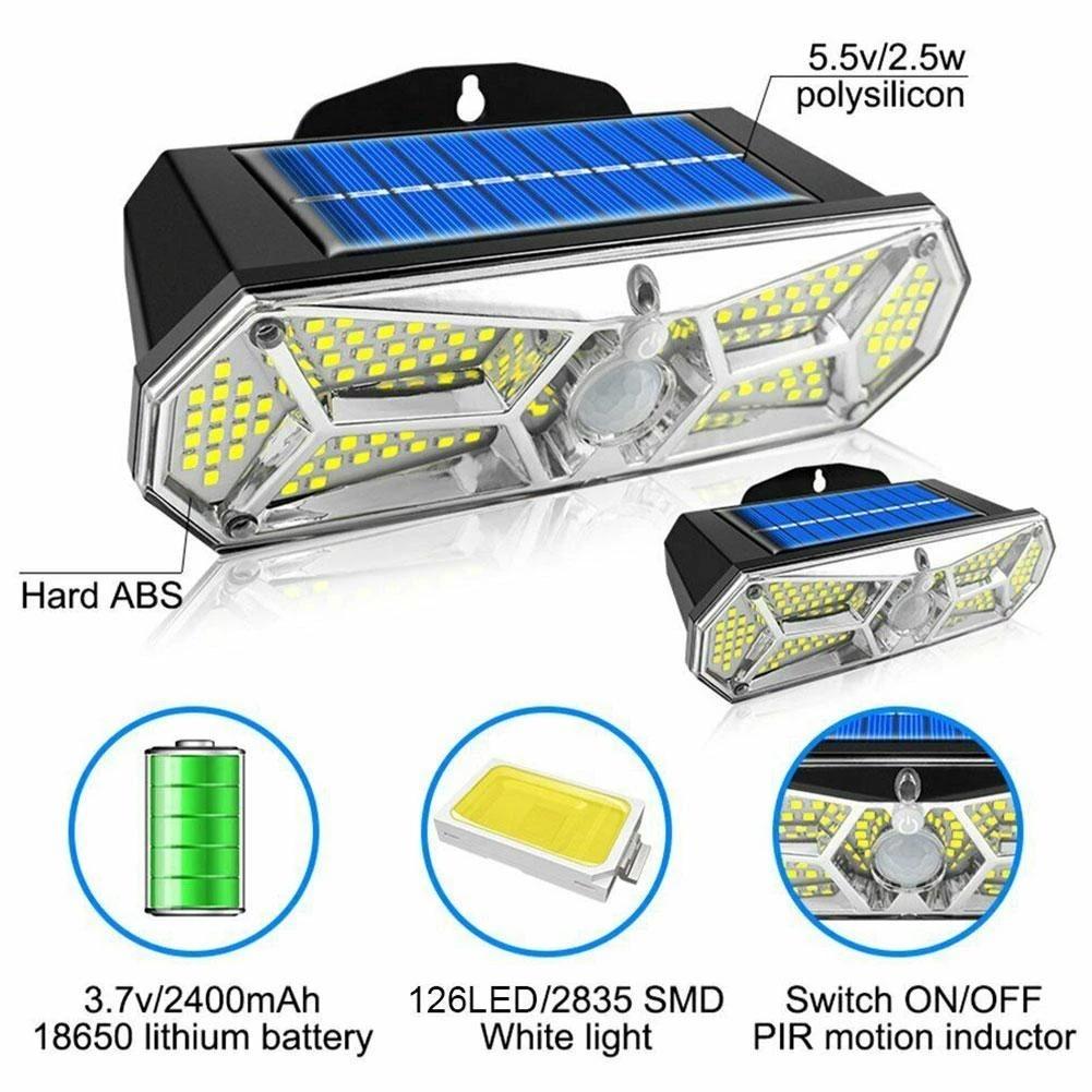126 lampor Solar Väggbelysning LED Solar Light Utomhus Smart Motion Sensor Vägglampa Solar Light För Garden Street Decoration