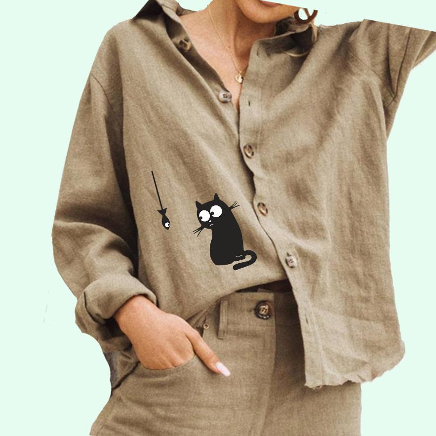 

Женская мода отложной воротник рубашка повседневный кошачий принт хлопок льняной топ женская блузка на пуговицах 3XL хаки