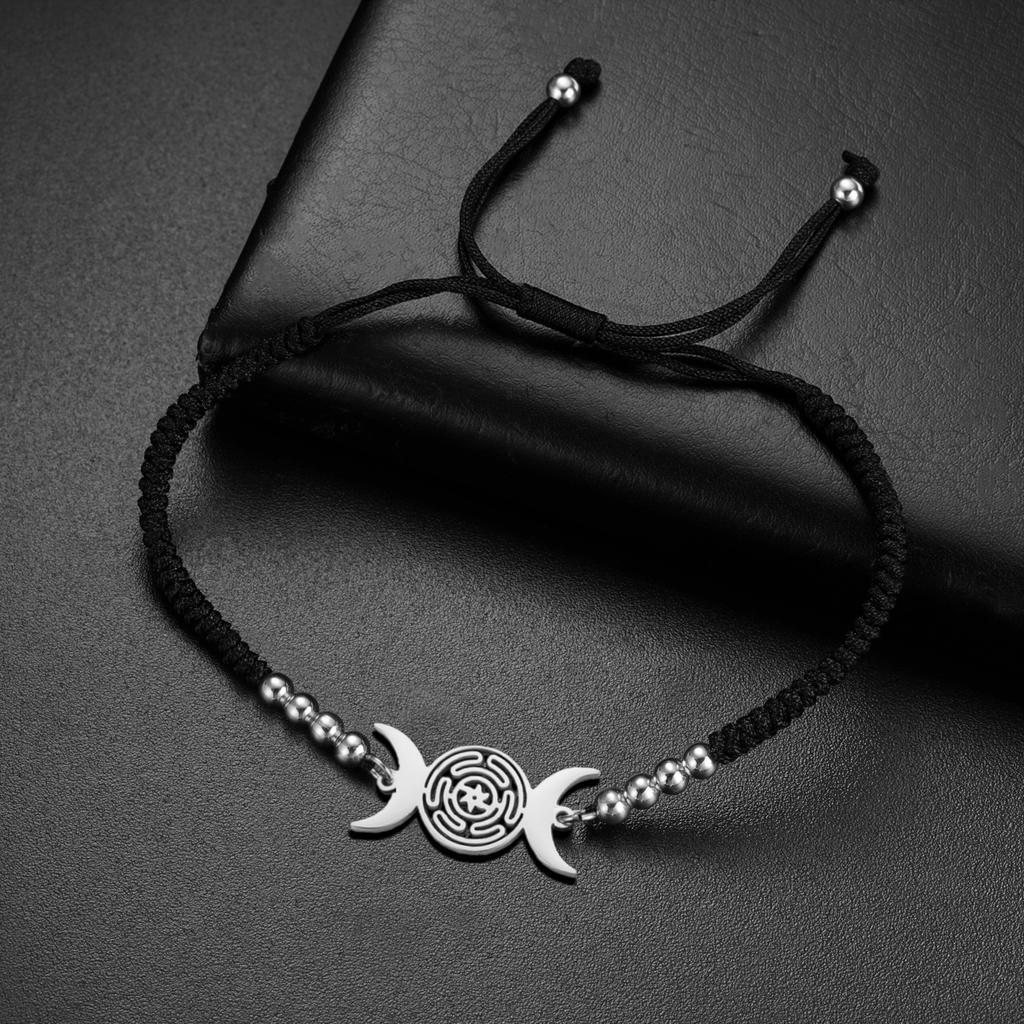 Triple Moon Goddess Bracelet Adjustable Black Rope Wiccan Pagan Jewelry Gift for Women Hecate Wheel