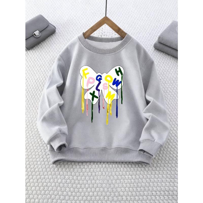 Kids Crewneck Sweatshirt, Colorful Drip Letter & Butterfly Print Long Sleeve Top 110