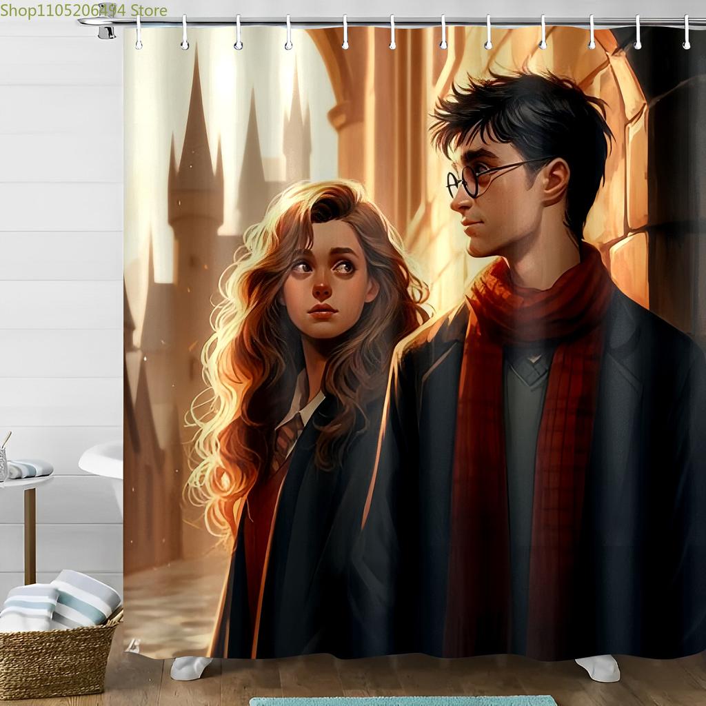 Warner Bros Inspired Valentine's Day Anime Couple Shower Curtain, Wizarding World Themed Bathroom Decor, Romantic Magical Cast