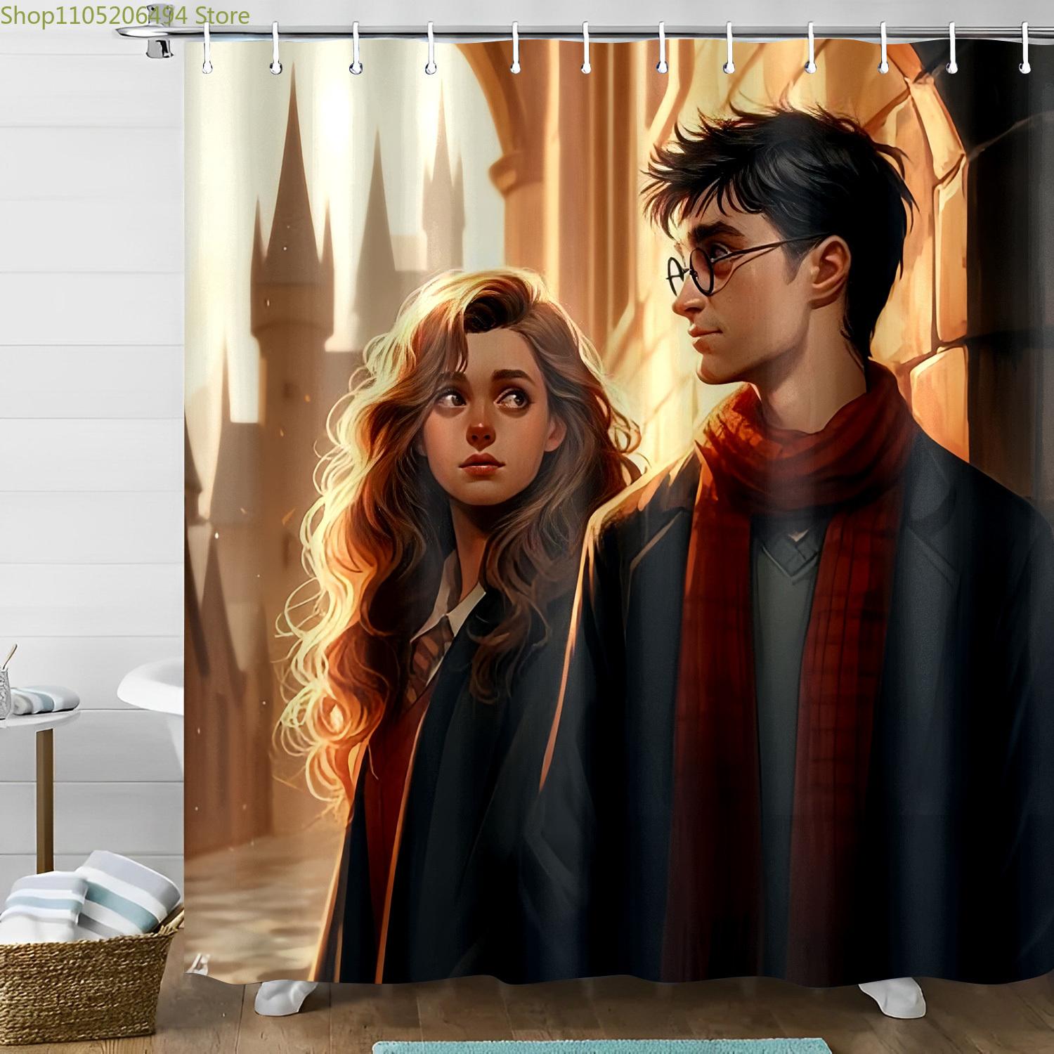 Warner Bros Inspired Valentine s Day Anime Couple Shower Curtain, Wizarding World Themed Bathroom Decor, Romantic Magical Cast 90x180cm