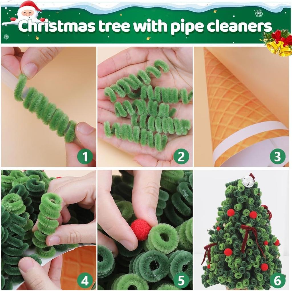 Pipe Cleaners for Making Christmas Tree, 300pcs Pipe Cleaners, 200pcs PomPoms, 1 Foam Cylinder, 1 Christams Card and 1 Bag Pearl