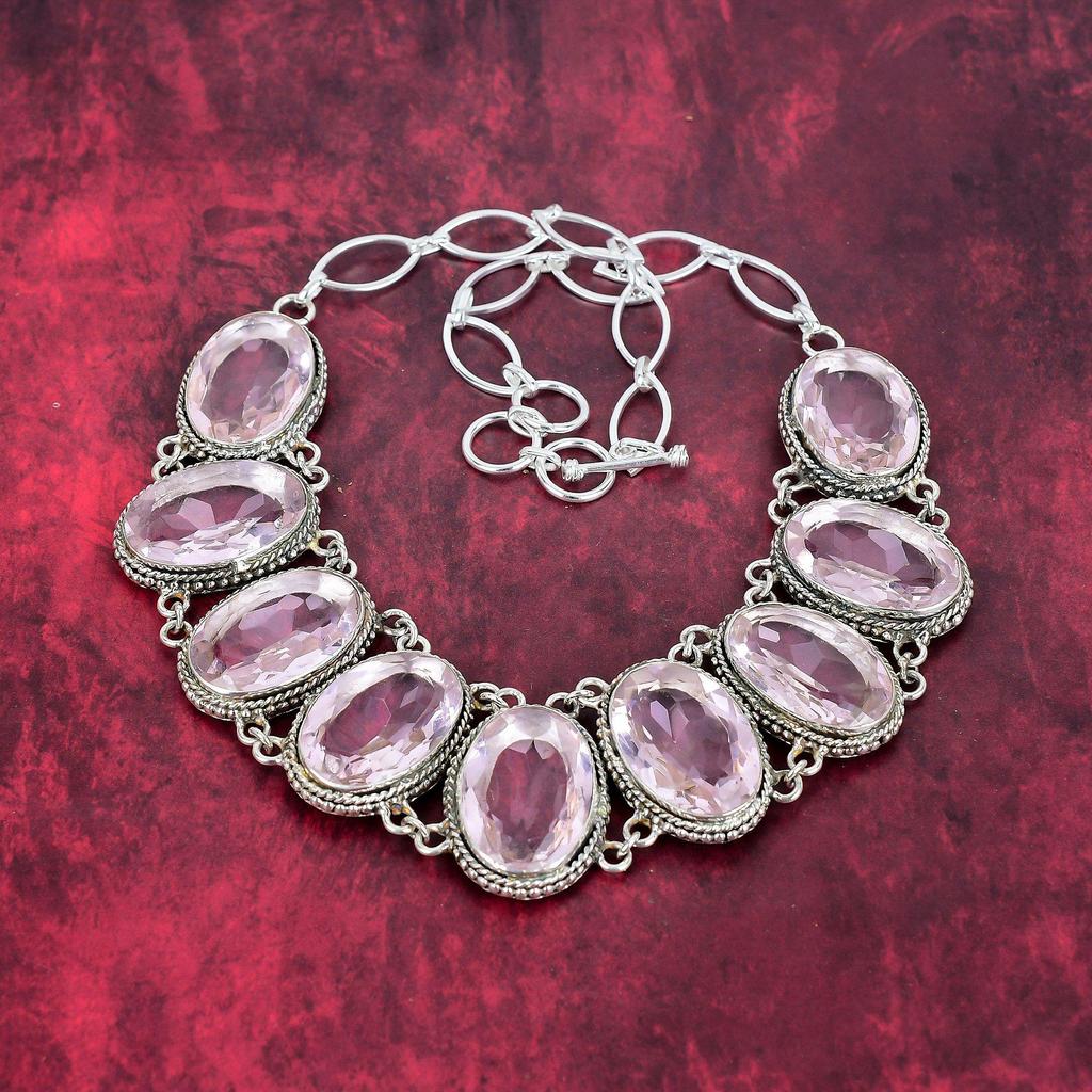 Faceted Pink Kunzite Bracelet, 925 Solid Sterling Silver Jewelry Set, Handmade Bracelet & Necklace, Gemstone Adjustable Chain Jewelry For Her