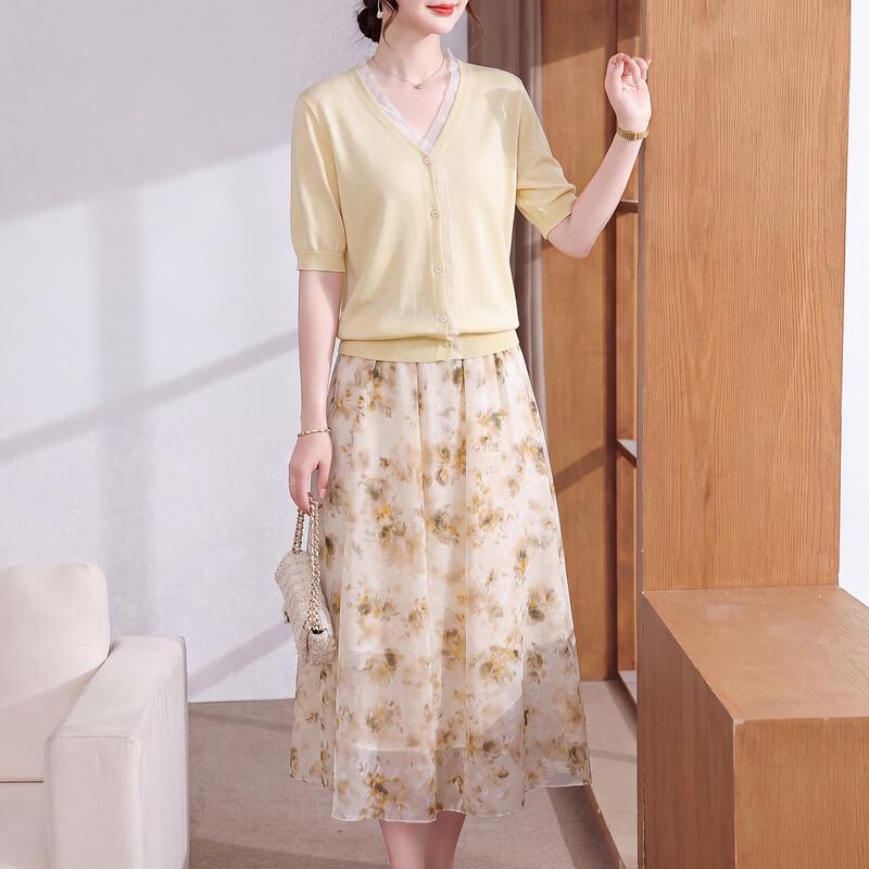 Elegant Ice Silk Floral Short Sleeve Blouse L