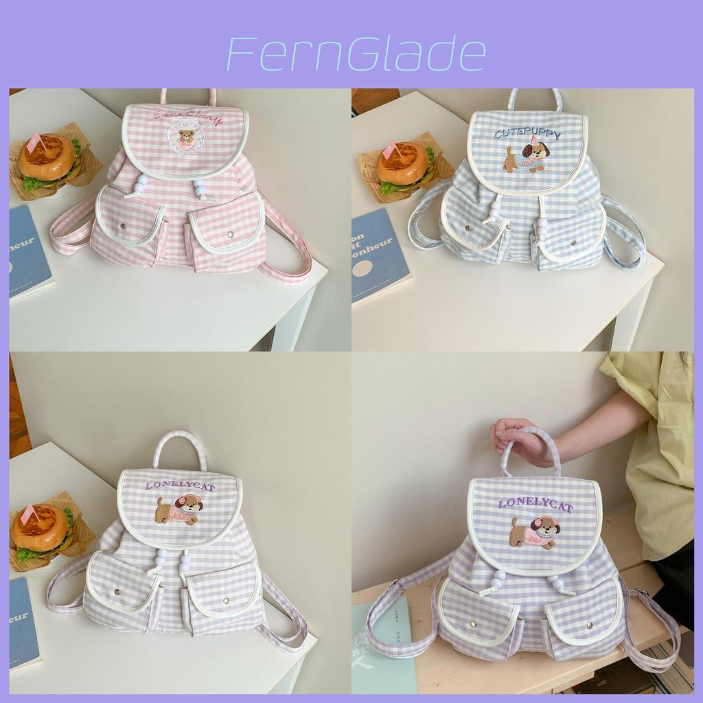 Cartoon Dog Embroidered Checkered Pattern Mini Backpack For Girls With Nylon Interior For Daily Use
