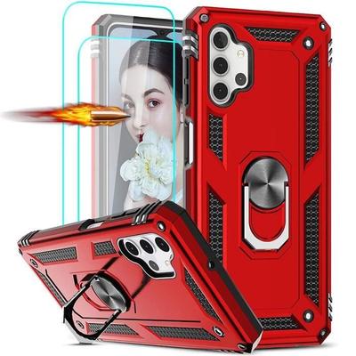 Červený ochranný kryt pro Samsung Galaxy A32 5G s kovovým kruhovým stojánkem a nárazuvzdorným silikonovým okrajem