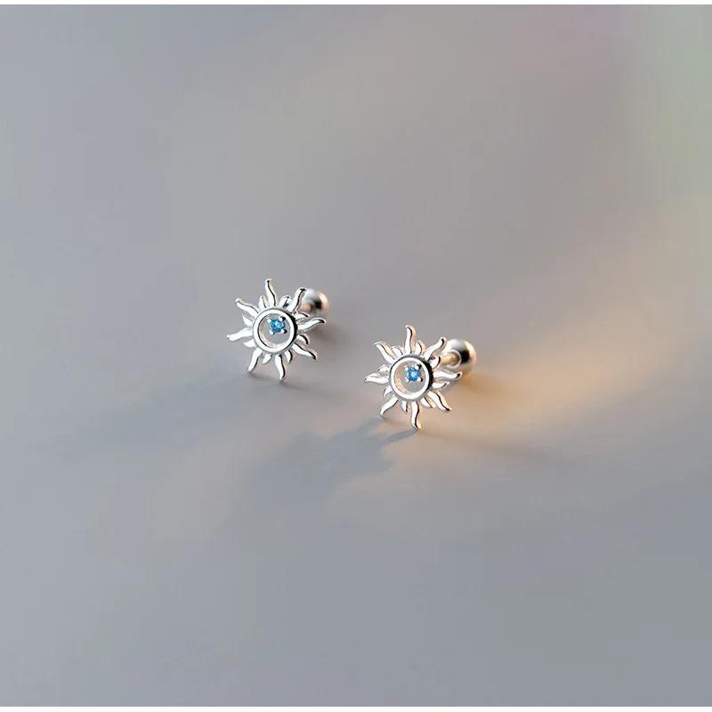 925 Silver Blue Zircon Sun Small Stud Earrings For Women Piercing Wedding Luxury Jewelry Jewellery Money 925