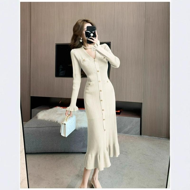 

Women s Black V-neck Fishtail Long Skirt Slim Waist Knit Skirt Elegant S Button Dress L