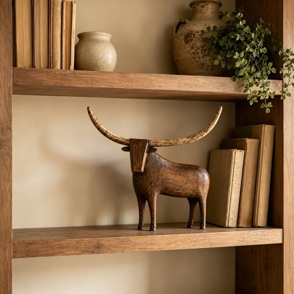Rustic Longhorn Bull Sculpture Vintage Style Resin Bull Tabletop Statue Farmhouse