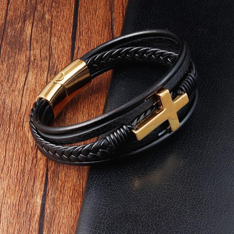 Cross Style Multi Layer Design Stainless Steel Fashion Men's Leather Bracelet Classic Gift For Men 2 Different Styles Choose
