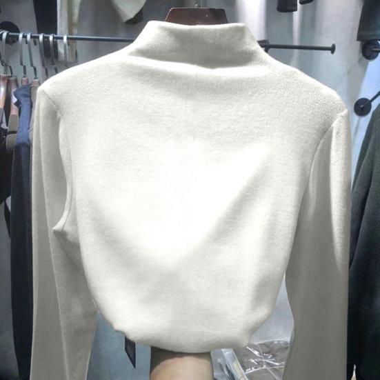 Half High Collar Long Sleeves Slim Fit Bottoming Blouse Autumn Winter Thickened Fleece Lined Pure Color Thermal Top Daily Clothing