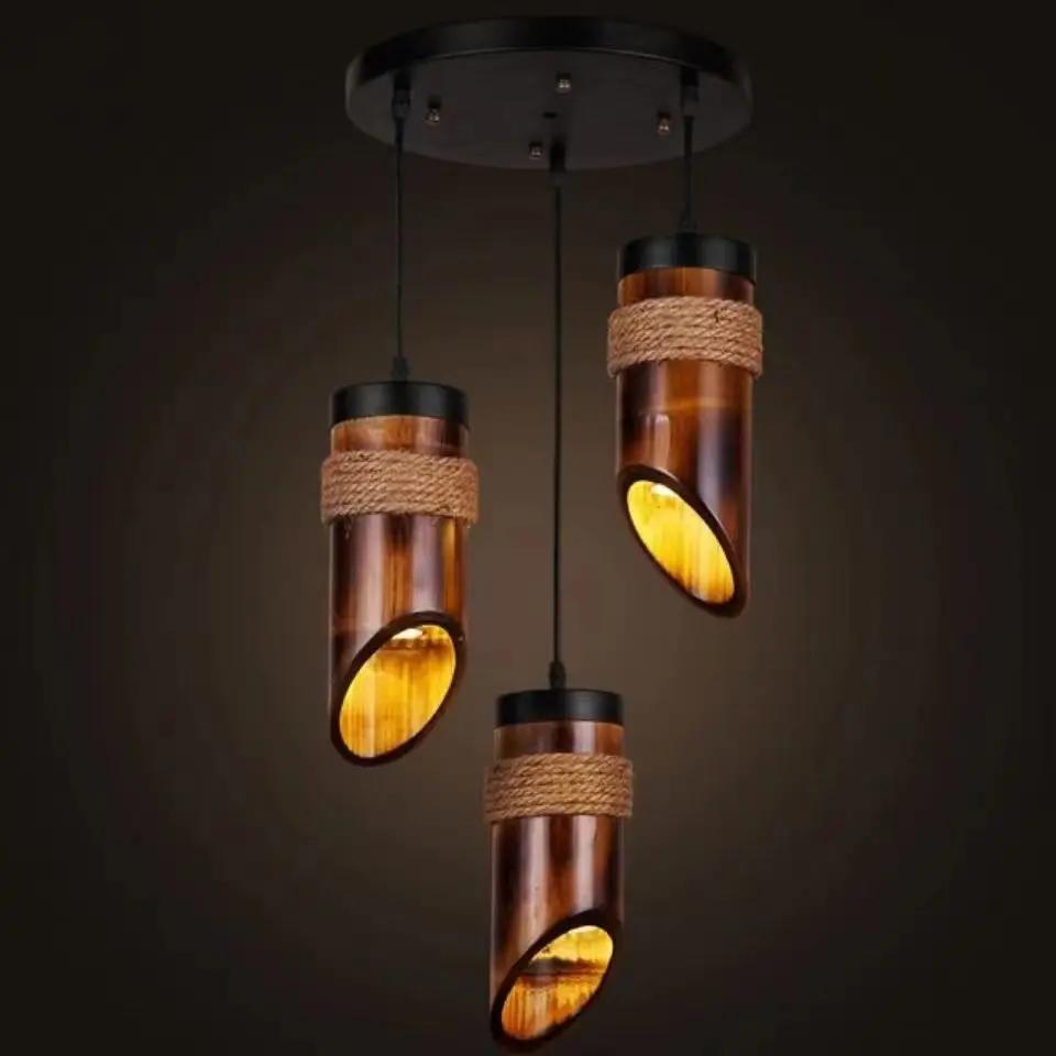 Nature Bamboo Tube Pendant Light New Chinese Style Hemp Rope Decoration Wooden Hanging Lamp for Dining Restaurant Homestay Hotel