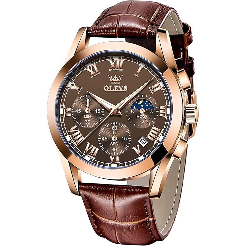 OLEVS Men s Analog Quartz Watch Lightweight Waterproof Brown Chronograph with Date and Day Display