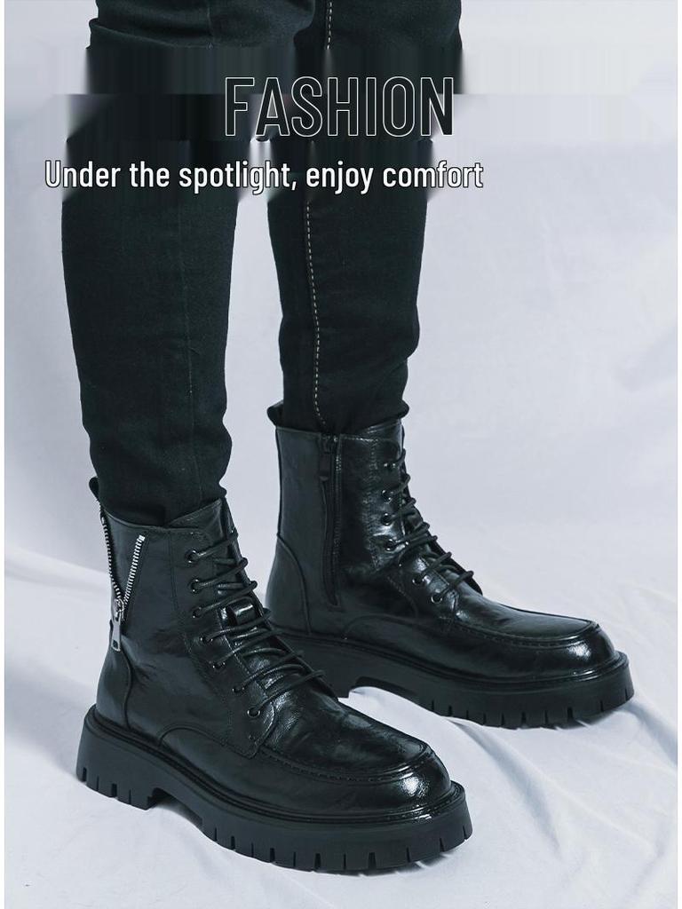 New Men's High-Top Leather Martin Boots - Autumn/Winter European & American Fashion, Lace-Up Motorcycle Ankle Boots.