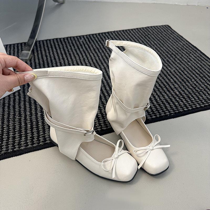 

2025 summer ballet wind cool boots square head bow single shoes hollow flat short boots pleated medium tube stack boots women 39