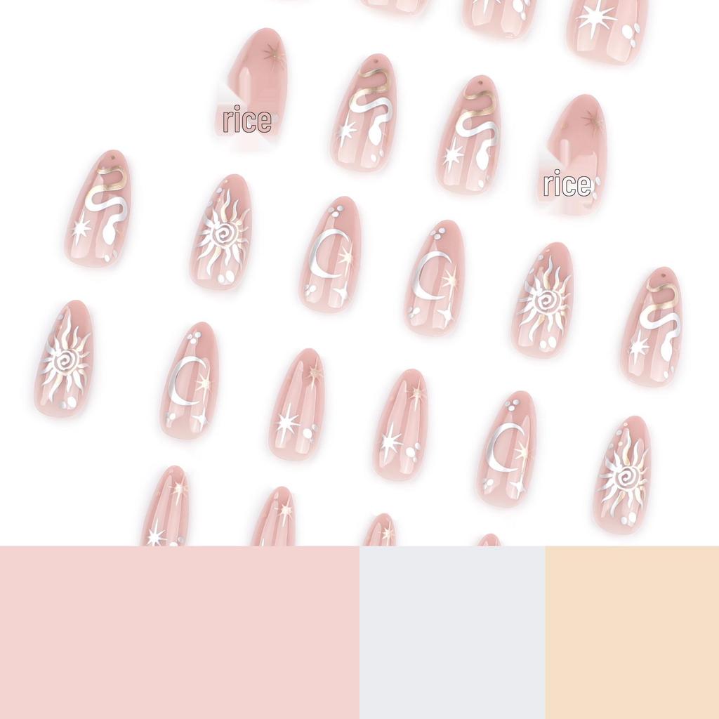 New Year Bestseller Almond Wearable Nails: Year of the Snake Metal Art with Star & Moon False Tips