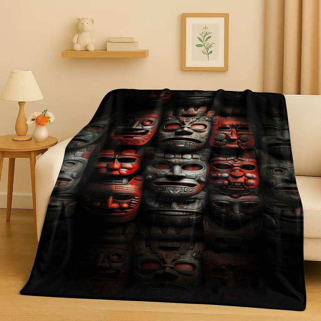 Retro Aztec Totem Maya Mask Sun God Flannel Blanket,Ultra Soft Warm Plush Throw for Home Bedroom Bed Sofa Cover Office Gift Kids