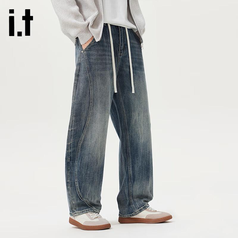 Izzue Men's American High Street Loose Straight Denim Jeans