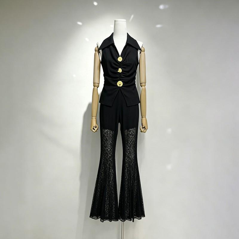 

Retro Hong Kong Style Black Hot Girl Suit Women s Lapel Sleeveless Vest Lace Micro-pants Two-piece Set S