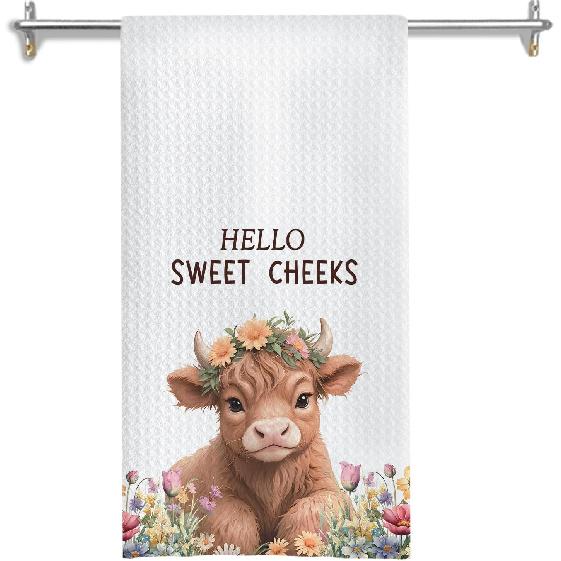 Floral Highland Cow Kitchen Towels, Cow Lovers Gifts for Women Dish Tea Towels for Kitchen Decor, Farmhouse Flower Highland Cattle Decorative Hand Floral Cow-d