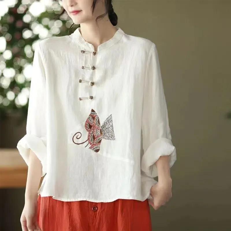 Ethnic Style Cotton and Linen Shirt Women's Spring and Summer Plate Button Top Literary Embroidery Loose Top Women