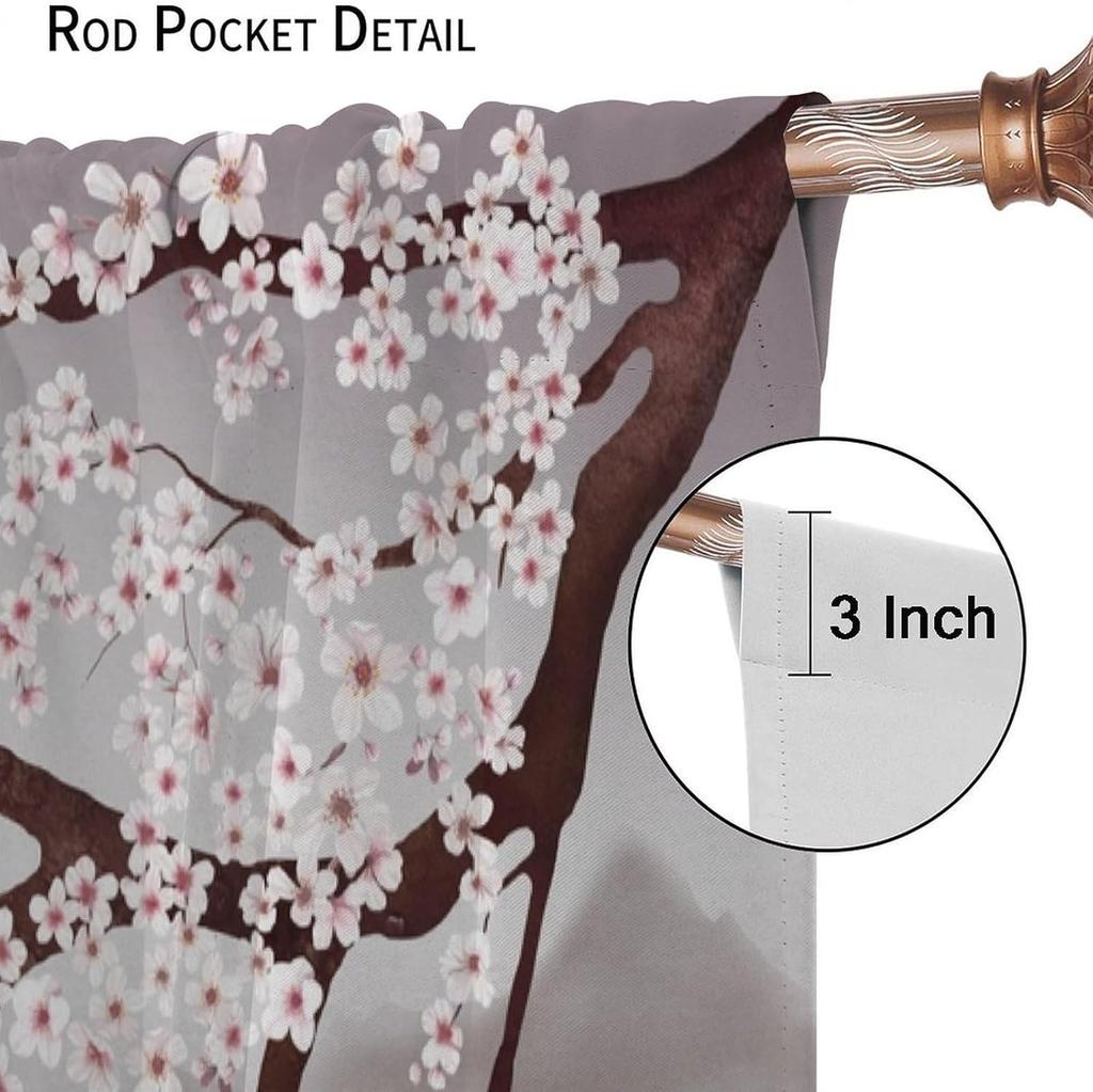 Cherry Blossom Windows Curtains Japanese Traditional Retro Mountain Lake Watercolor Landscape Home Decor Curtain Made Of Polyester Washable