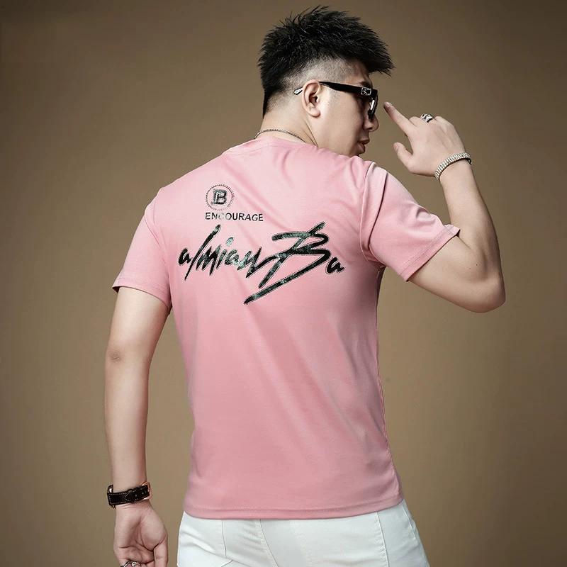 European Style 2025 Summer Light Luxury Mercerized Cotton Rhinestone Printed Short-Sleeve T-Shirt for Men, Thin and Breathable Slim-Fit Top