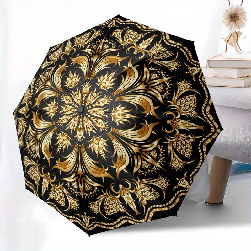 Golden Ornament Circular Pattern  Luxury Decorative Design Umbrella, Portable 3 Fold Compact Umbrella for Men & Women,S284